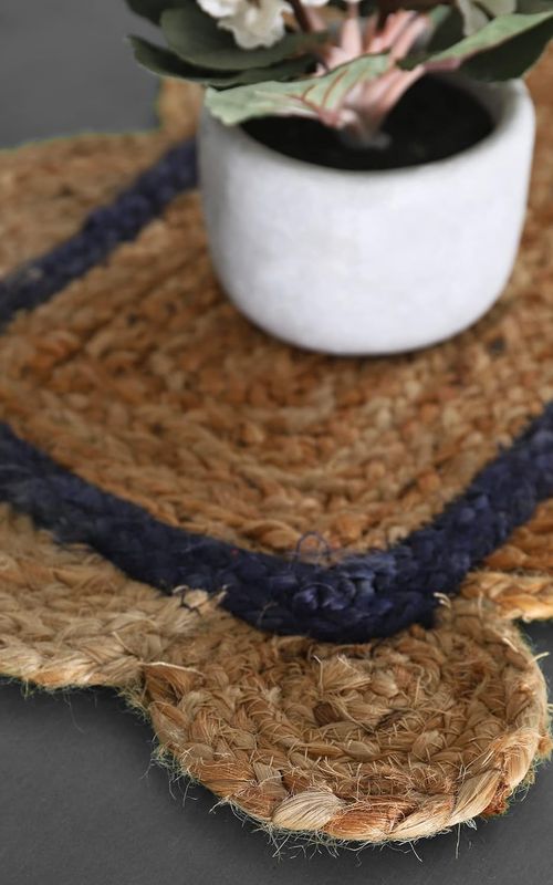 Indian Handmade Scalloped Natural Jute With Blue Border Dining Table Runner