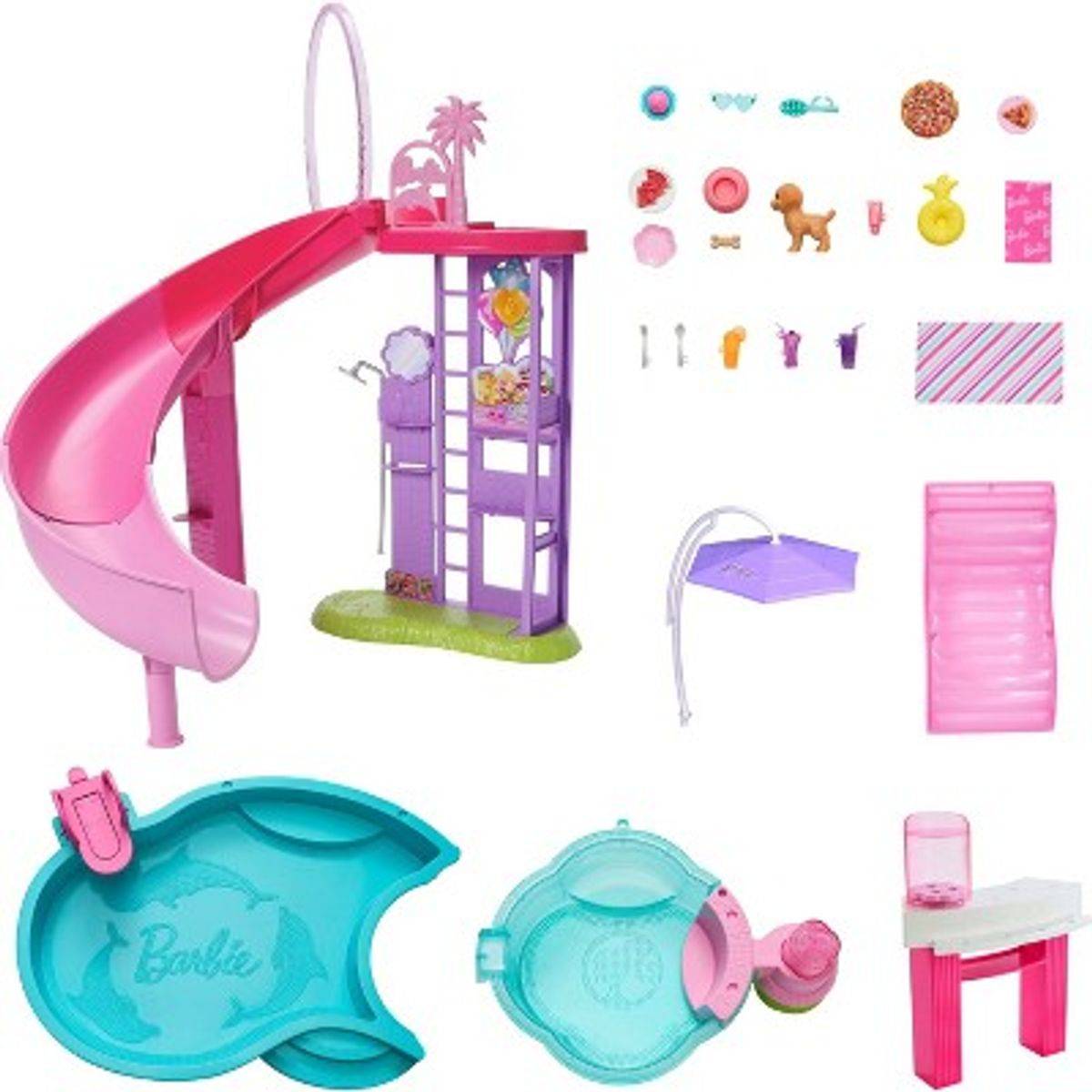 Barbie Dream Pool Playset, 6 Play Areas with Slide, Foaming Hot Tub & 20+ Accessories, Model JFP01