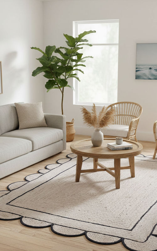 White Jute Rug with Black Border Scalloped Edge | Handwoven Rectangular Boho Carpet