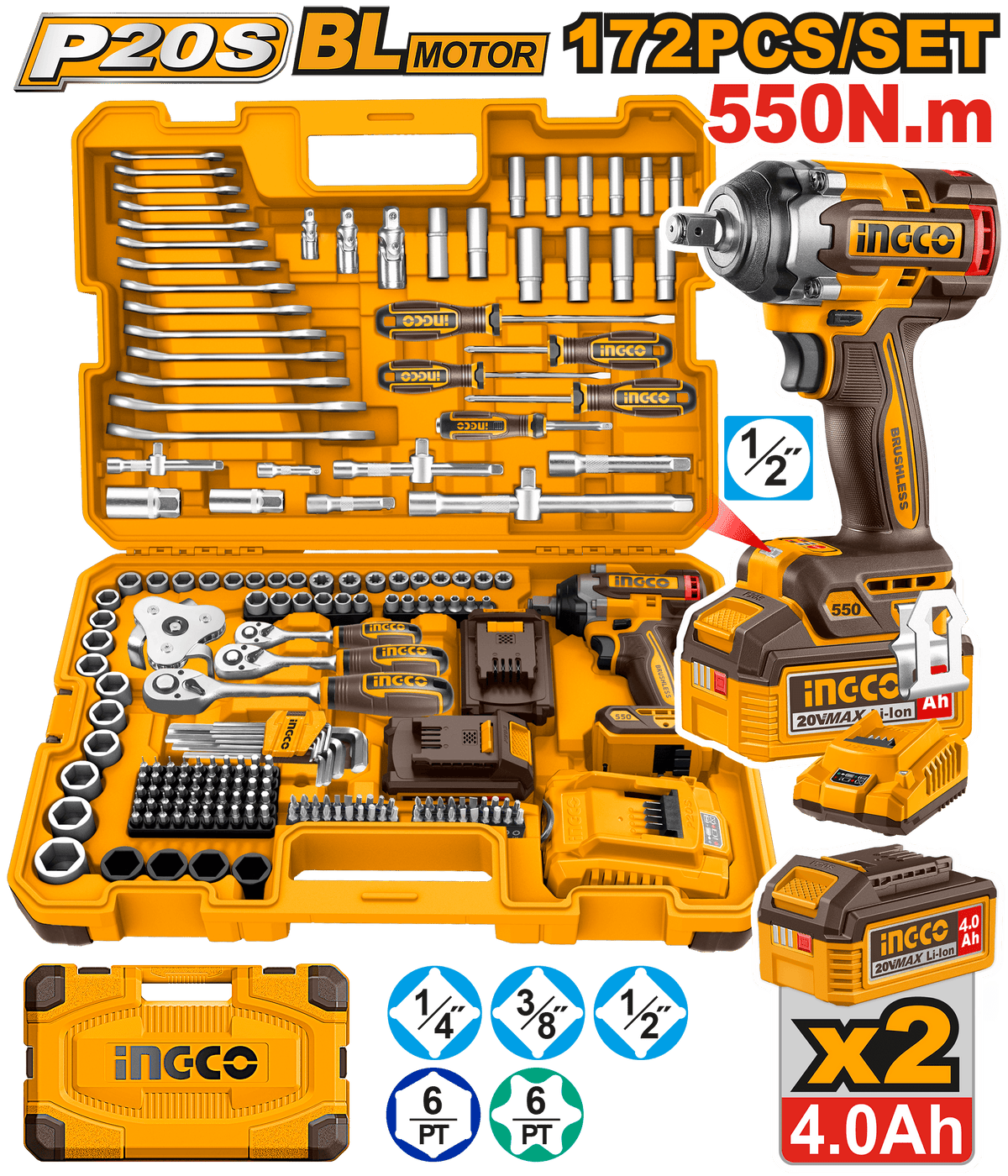 INGCO 172-Pieces Cordless Impact Wrench Tool Set Complete Kit