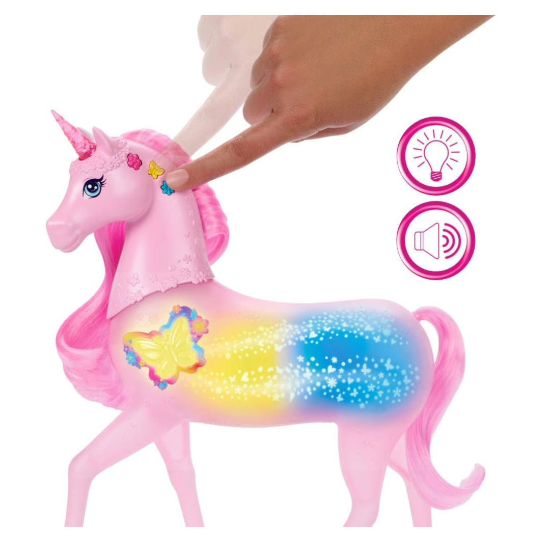 Barbie Sparkle Lights Interactive Unicorn Toys With 20 Interactive Combos Of Lights, Sounds & Music, Press Buttons & Pet Head To Play
