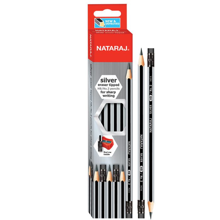 Nataraj HB No.2 Silver Pencils, 12PCS Pack with Rubber Tip & Sharpener