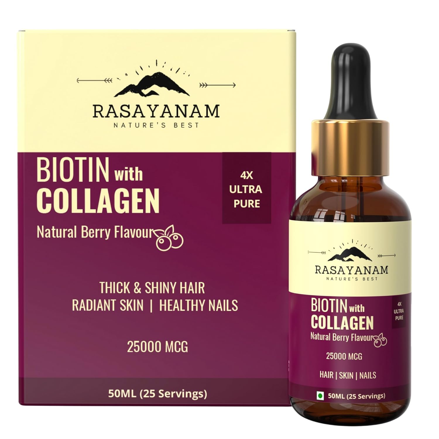 Rasayanam Liquid Biotin & Collagen Natural Berry Flavour 25000mcg 50ML