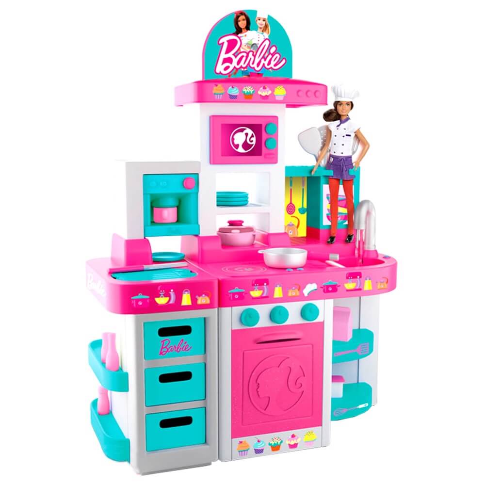 Barbie Large Kitchen Set for Toddlers, Pretend Play Cooking Unit with Lights, Sound, Sink, Oven, Stove & Accessories