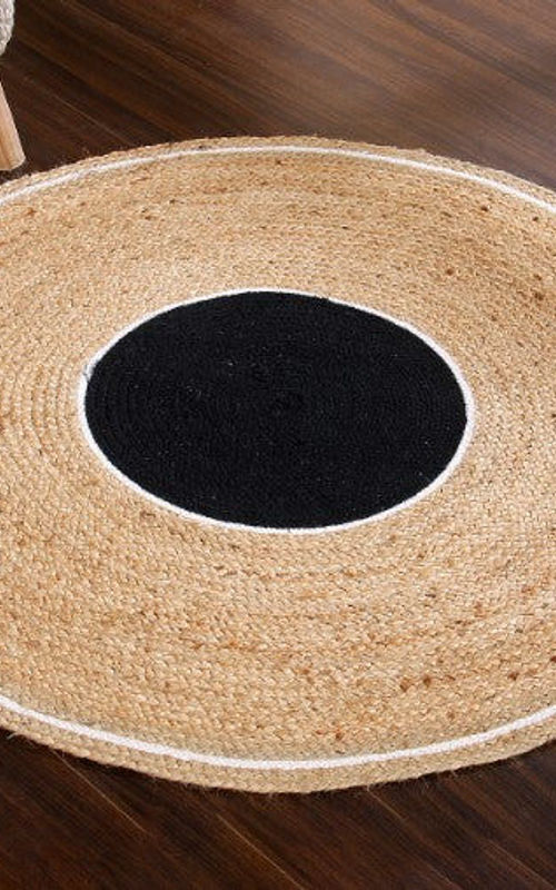 Natural Jute Area Rug with Black Center & White Border | Handmade Eco-Friendly Floor Carpet for Living Room, Bedroom & Entryway