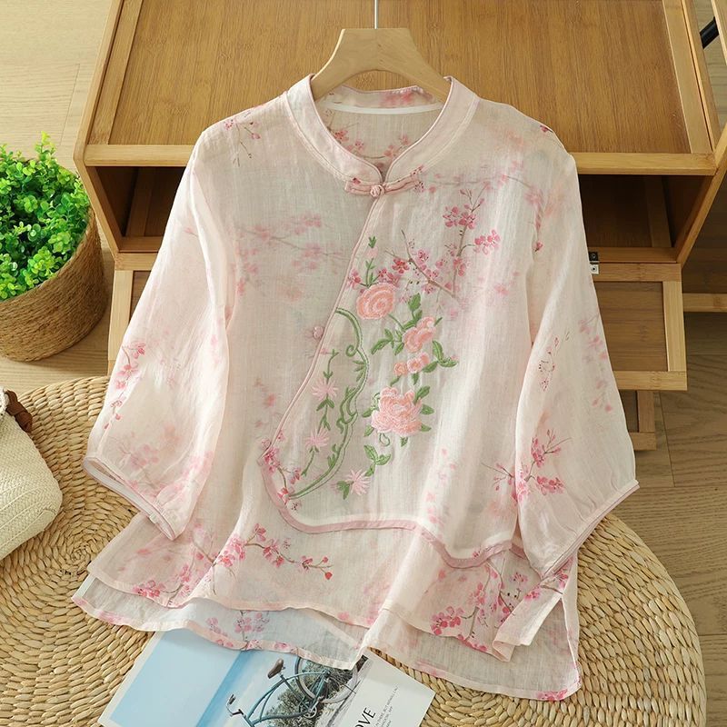 Chinese Style Embroidered Cotton Linen Loose Short Sleeve Top
