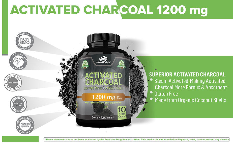 NaturaLife Labs Activated Charcoal 1,200mg per serving 100 veggie capsules
