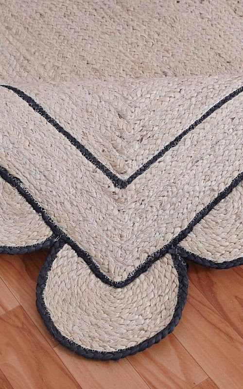White Jute Rug with Black Border Scalloped Edge | Handwoven Rectangular Boho Carpet