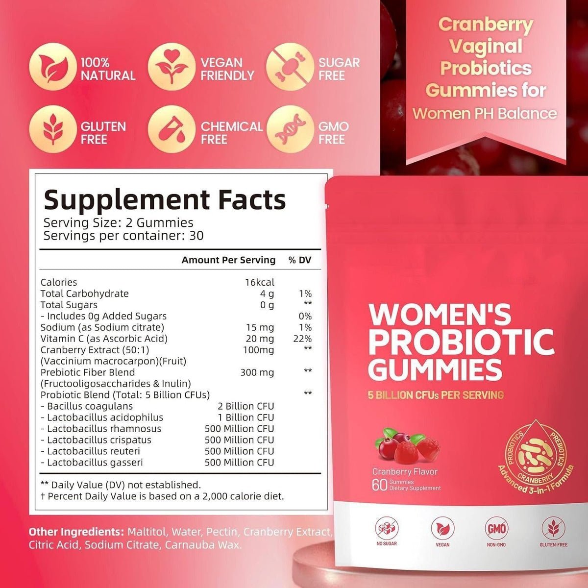 Women's Probiotic Gummies, Cranberry Flavor, 5 Billion CFUs Per Serving, 60 Gummies, Vegan, No Sugar, Non‑GMO Dietary Supplement