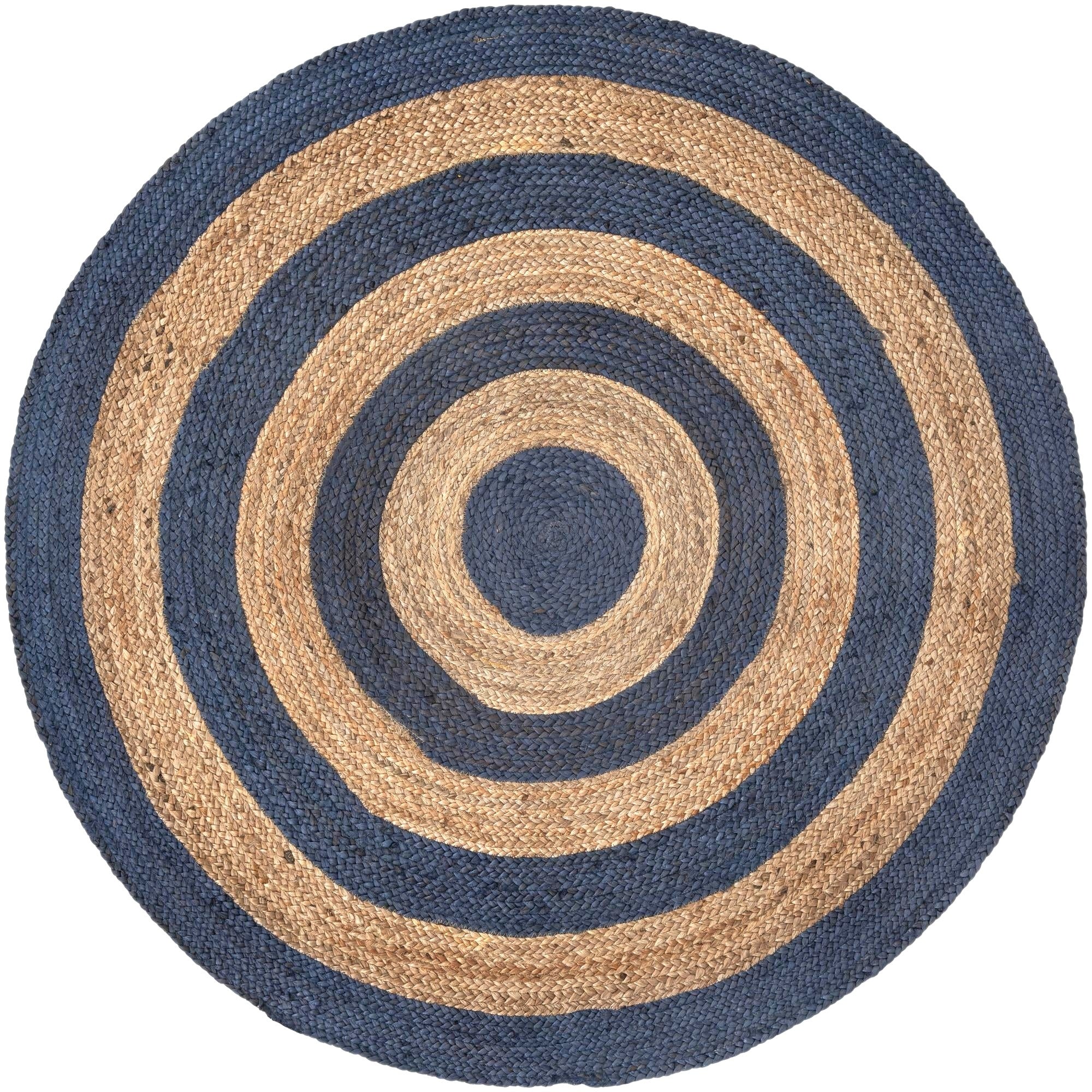 Handwoven Round Jute Area Rug with Contrast Rings | Natural & Blue Coastal Farmhouse Area Rug