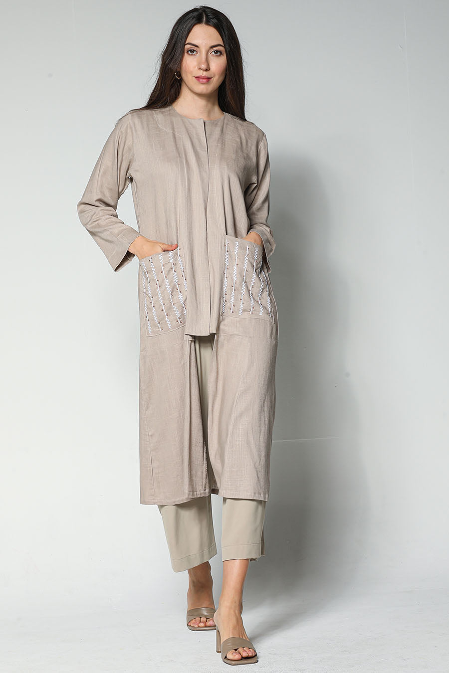 MOiSTREET Beige Embroidered Jacket and Pants with Crepe Top