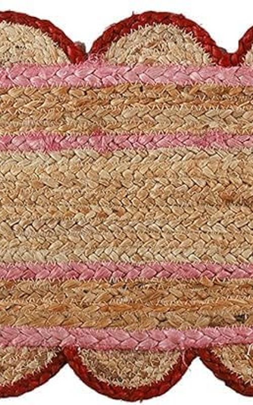 Indian Handmade Scalloped Natural Jute Pink and Red Border Dining Table Runner