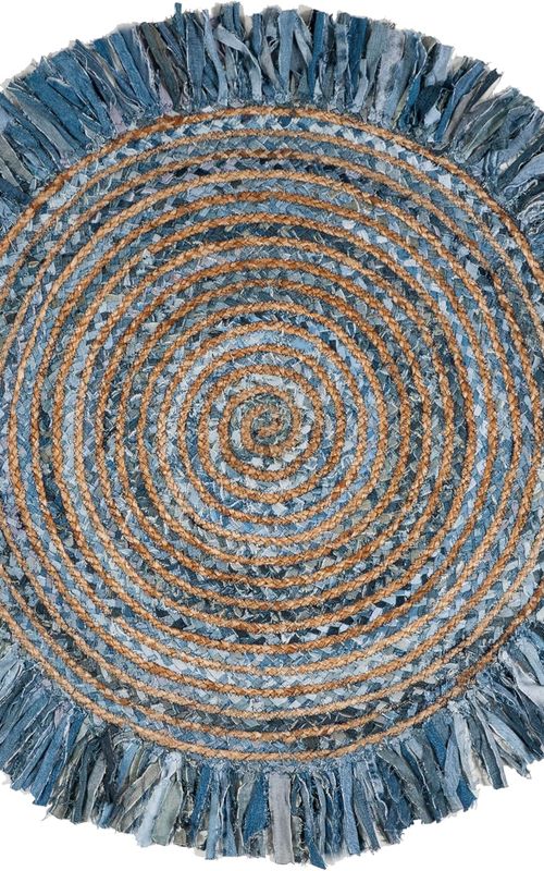 Handmade Denim Round Rug with Fringe | Recycled Cotton Boho Area Rug
