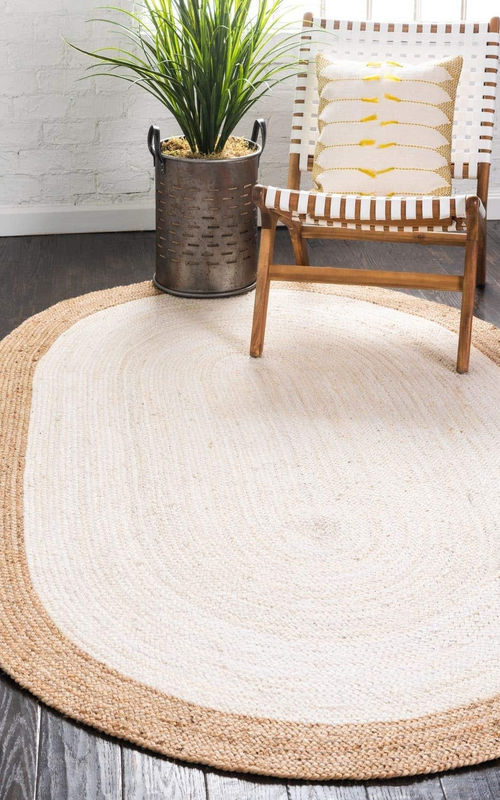 Natural Ivory Center Oval Jute Rug with Hand-Braided Border | Eco-Friendly Farmhouse Area Rug