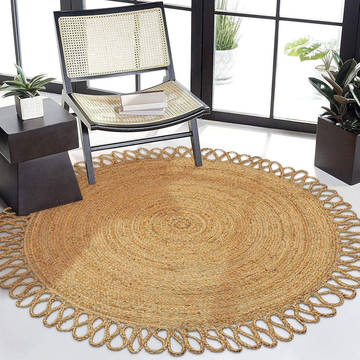 Natural Round Jute Rug with Loop Fringe | Handmade Eco-Friendly Area Rug