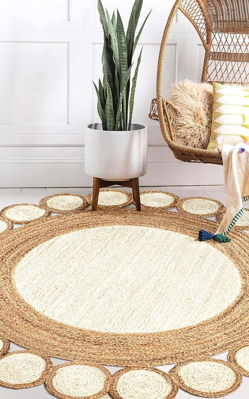 Handmade Round Jute Rug with White Tikki Border | Boho Decorative Area Rug