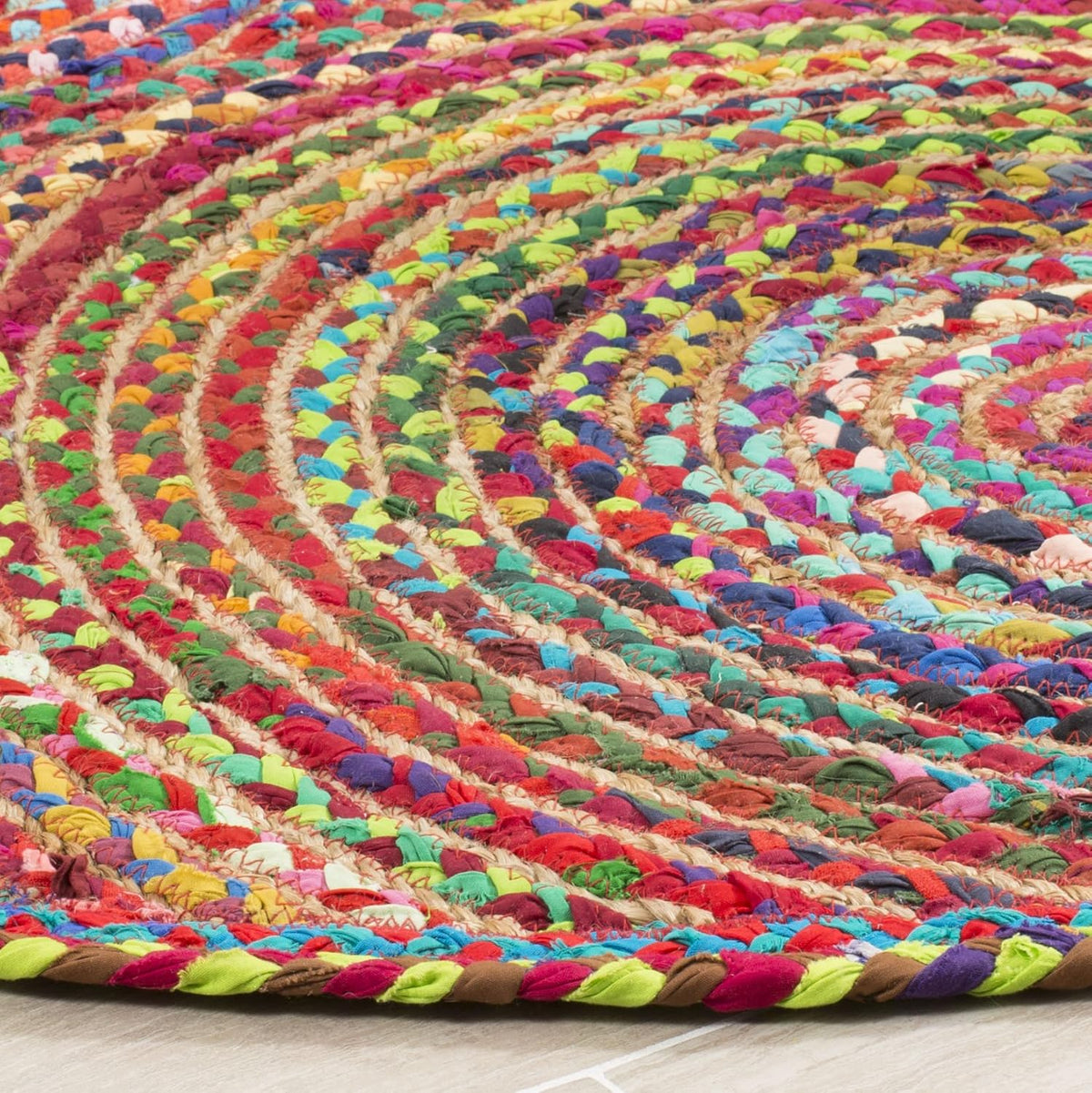 Multicolor Round Cotton & Jute Rug | Handmade Boho Spiral Area Rug
