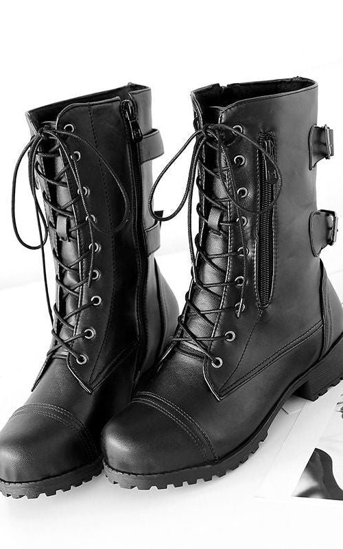 Women Round Toe Boots Buckle Zipper Lace Up Shoes Chunky Heel Mid Calf Riding Boots