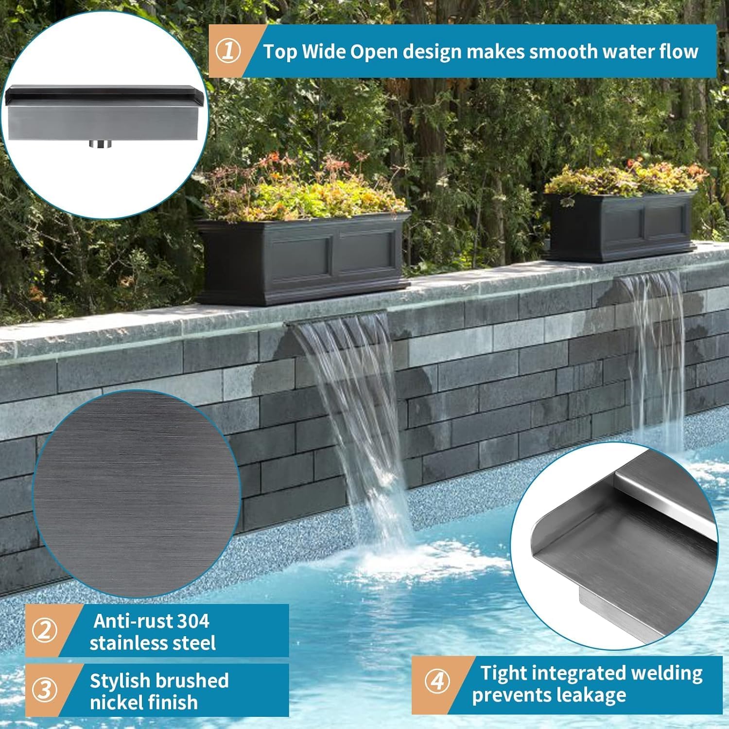 Hengbo Stainless Steel Sheer Descent, Waterfall Spillway for Swimming Pool, Garden Outdoor Pond, Spa