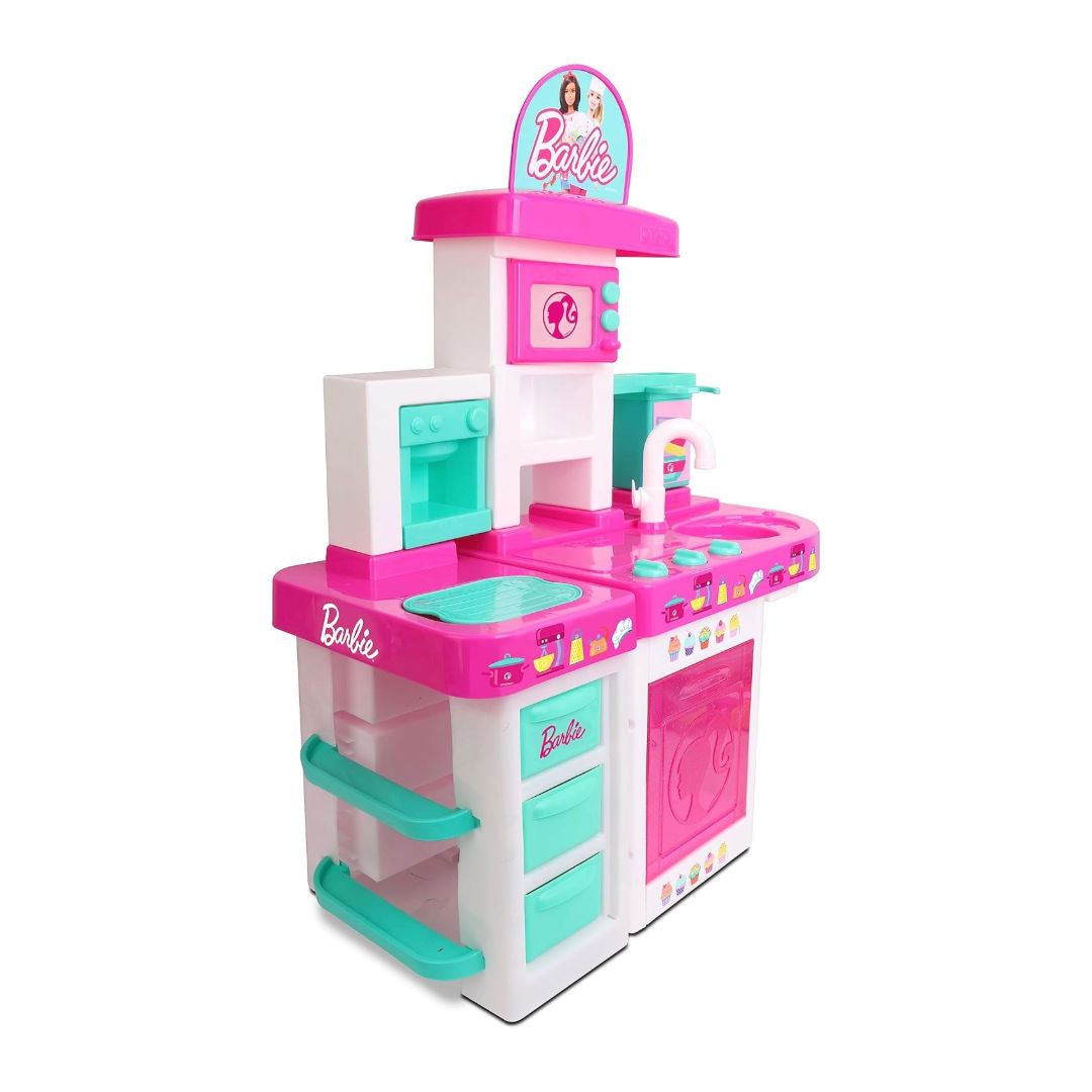 Barbie Large Kitchen Set for Toddlers, Pretend Play Cooking Unit with Lights, Sound, Sink, Oven, Stove & Accessories