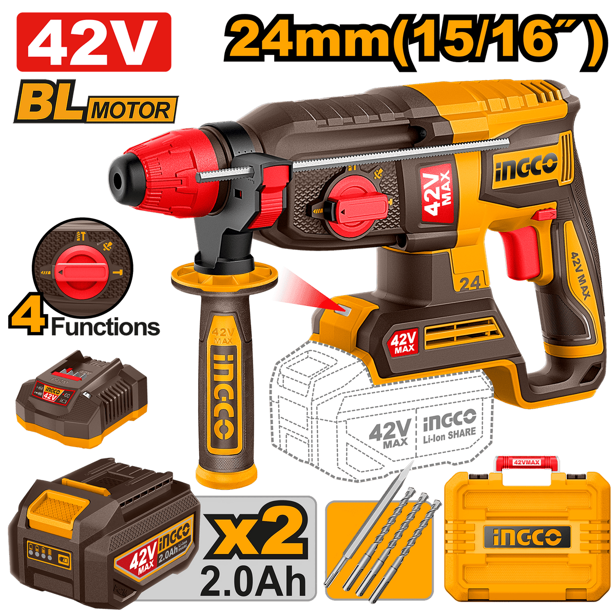 INGCO Cordless Rotary Hammer 24mm 42V Brushless Drill Kit