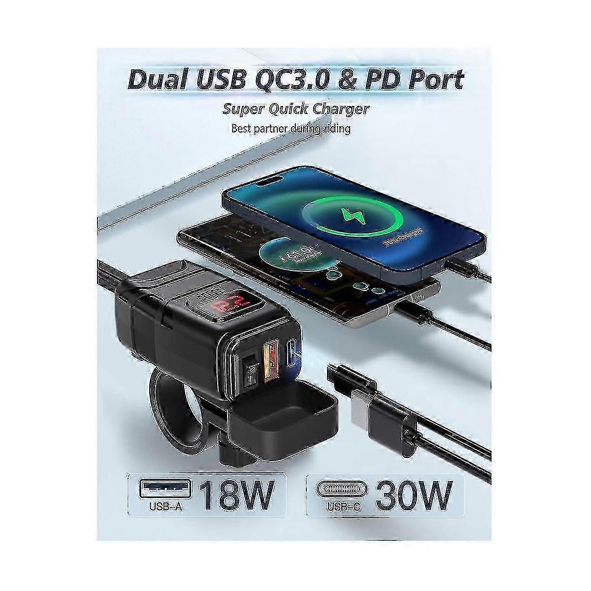 Motorcycle USB Charger with USB-C PD QC3.0 and Voltmeter