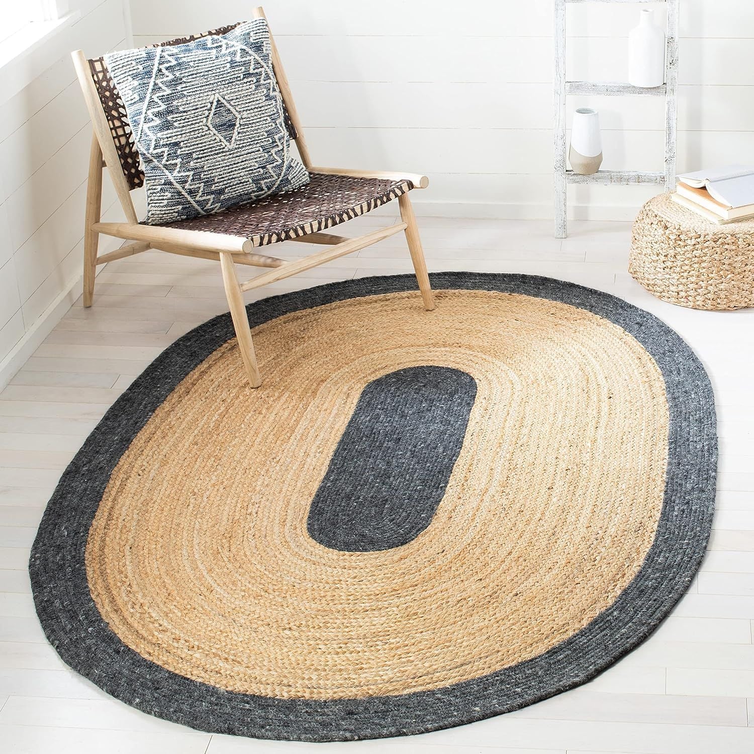 Oval Jute Rug with Contrast Border | Handmade Natural Fiber Area Rug (Multi-Color Border Options)