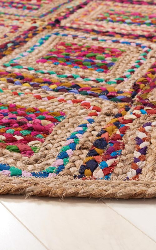 Multicolor Cotton & Jute Round Rug Square Pattern | Handwoven Boho Geometric Area Rug