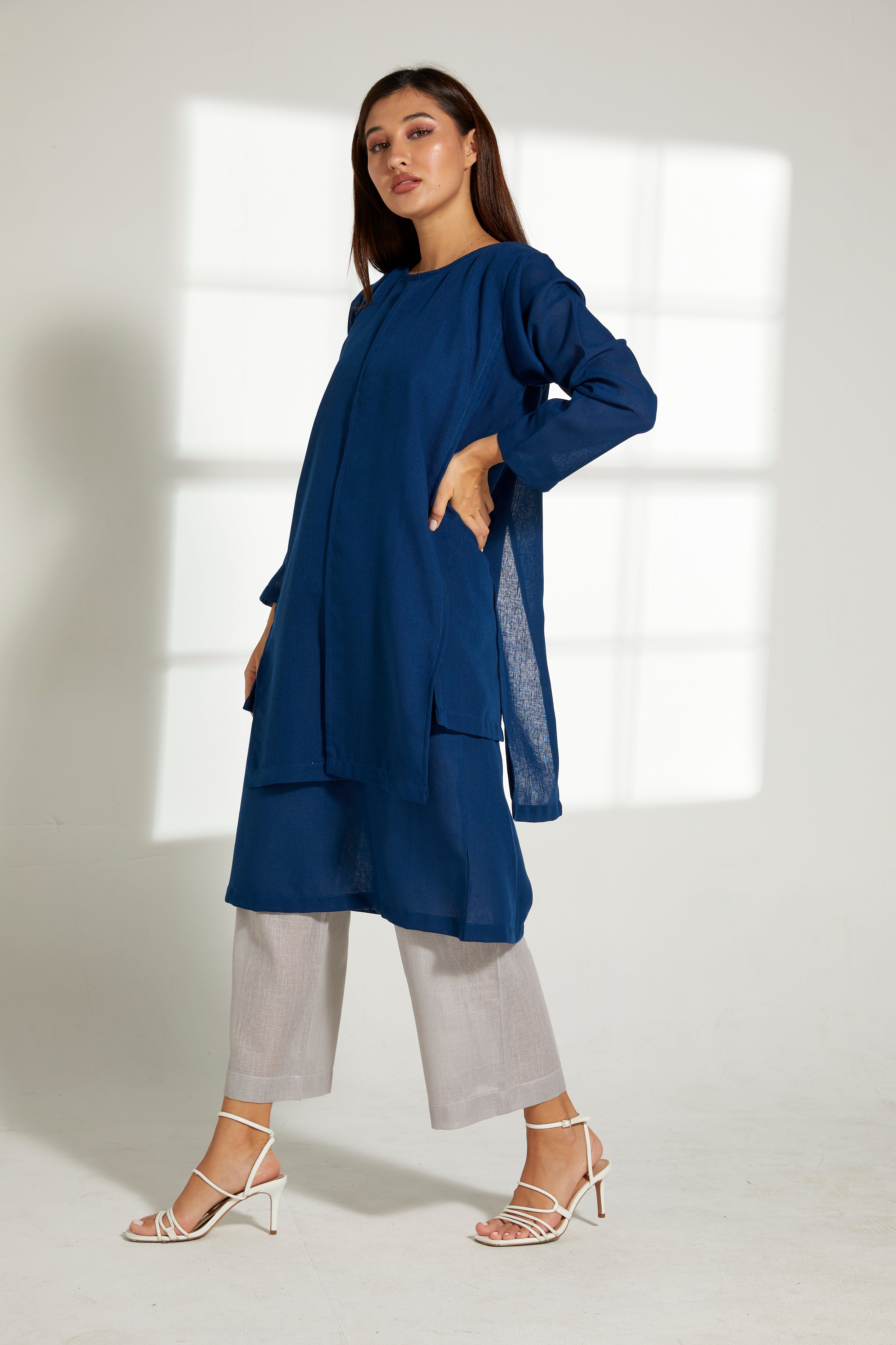 MOiSTREET Blue Linen Top and Grey Pants Set