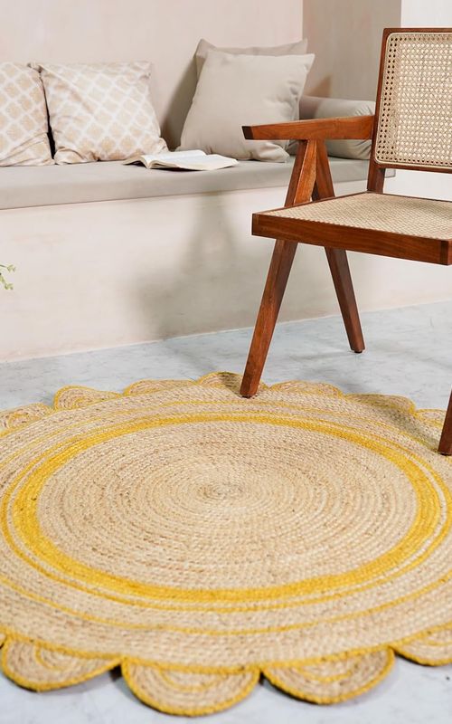 Handmade Round Jute Rug with Yellow Border | Scalloped Edge Area Rug