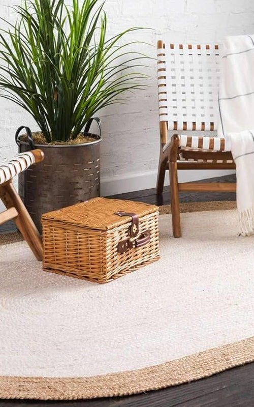 Natural Ivory Center Oval Jute Rug with Hand-Braided Border | Eco-Friendly Farmhouse Area Rug