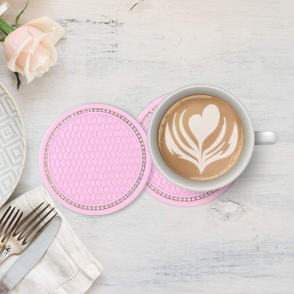 2 Pack Bling Car Cup Coaster Rhinestone Anti Slip Insert Coasters 2.75 inch