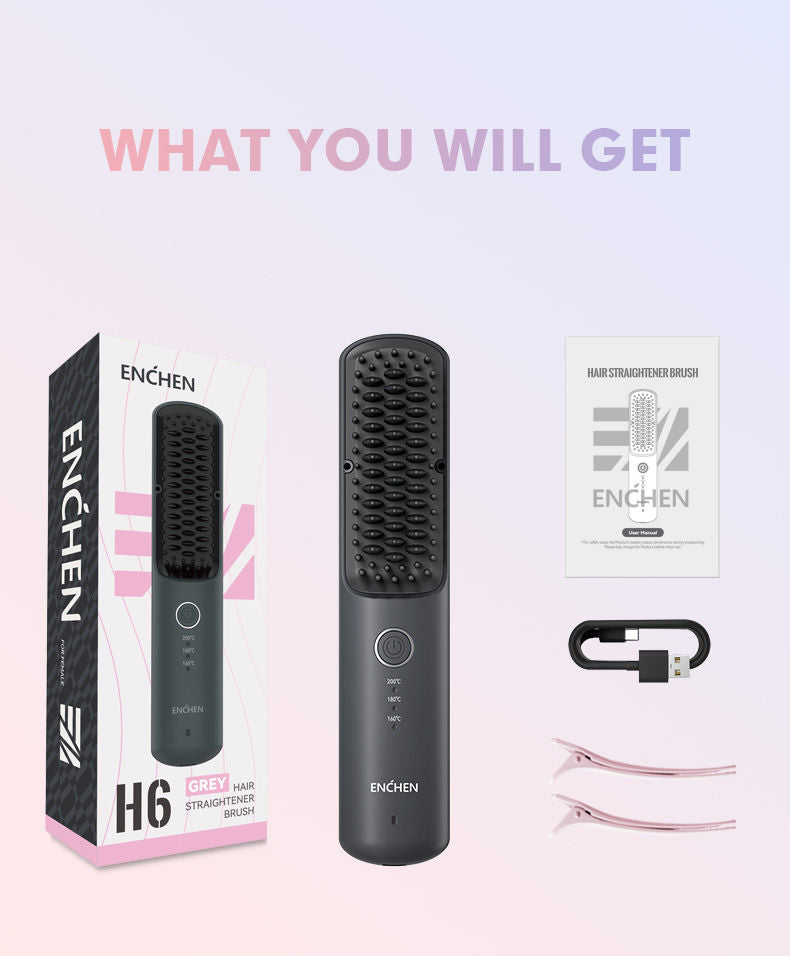 ENCHEN H6 Cordless Hair Straightener Brush, 2-in-1 Ionic Styling Comb, Ceramic Heating, USB-C Rechargeable