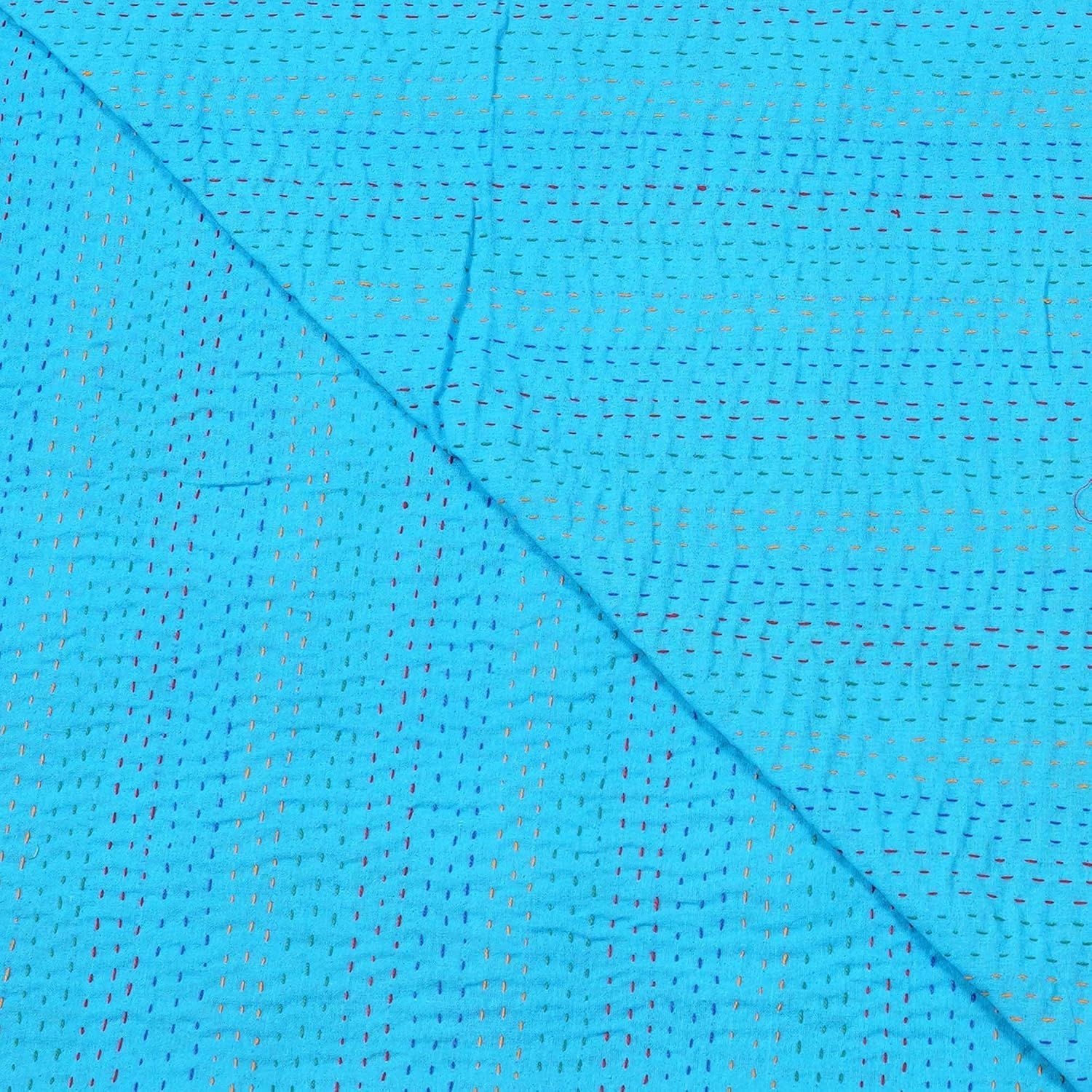Turquoise Kantha Quilt – Handmade Floral Cotton Blanket | Boho Vintage Bedspread