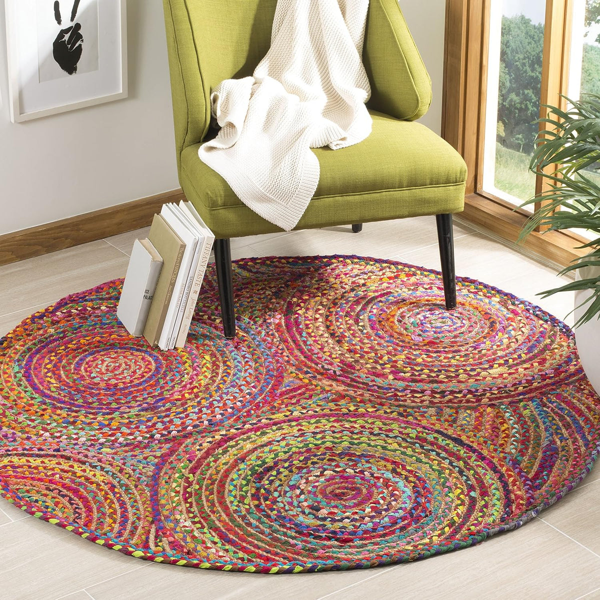 Multicolor Round Cotton & Jute Rug | Handmade Boho Spiral Area Rug
