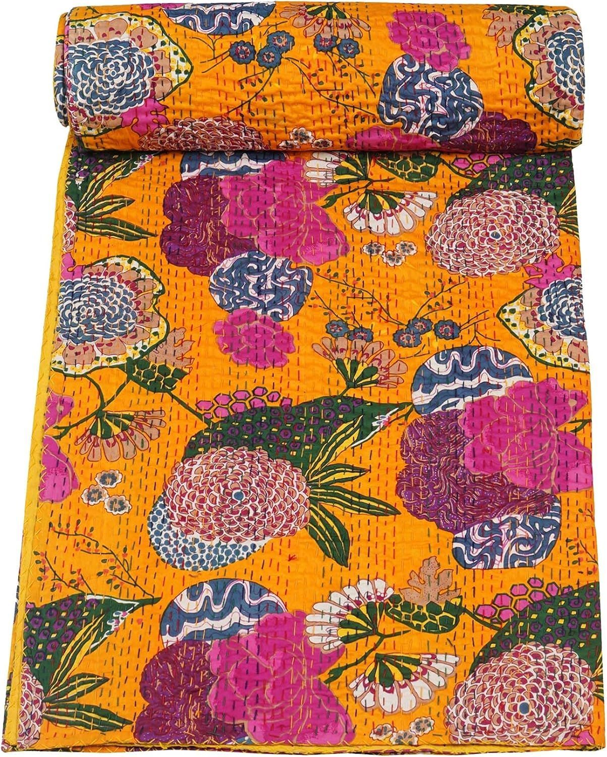 Yellow Kantha Bedcover – Handmade Floral Cotton Quilt | Boho Vintage Bedspread