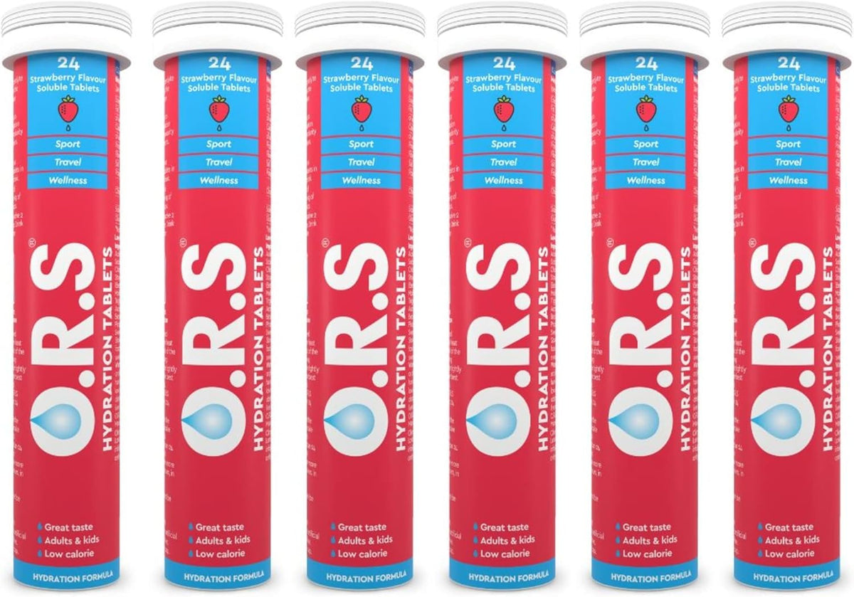 O.R.S Hydration Tablets With Electrolytes, Vegan, Gluten And Lactose Free Formula – Soluble Sports Hydration Tablets With Natural Strawberry Flavour, 144 Tablets (Pack Of 6 x 24)