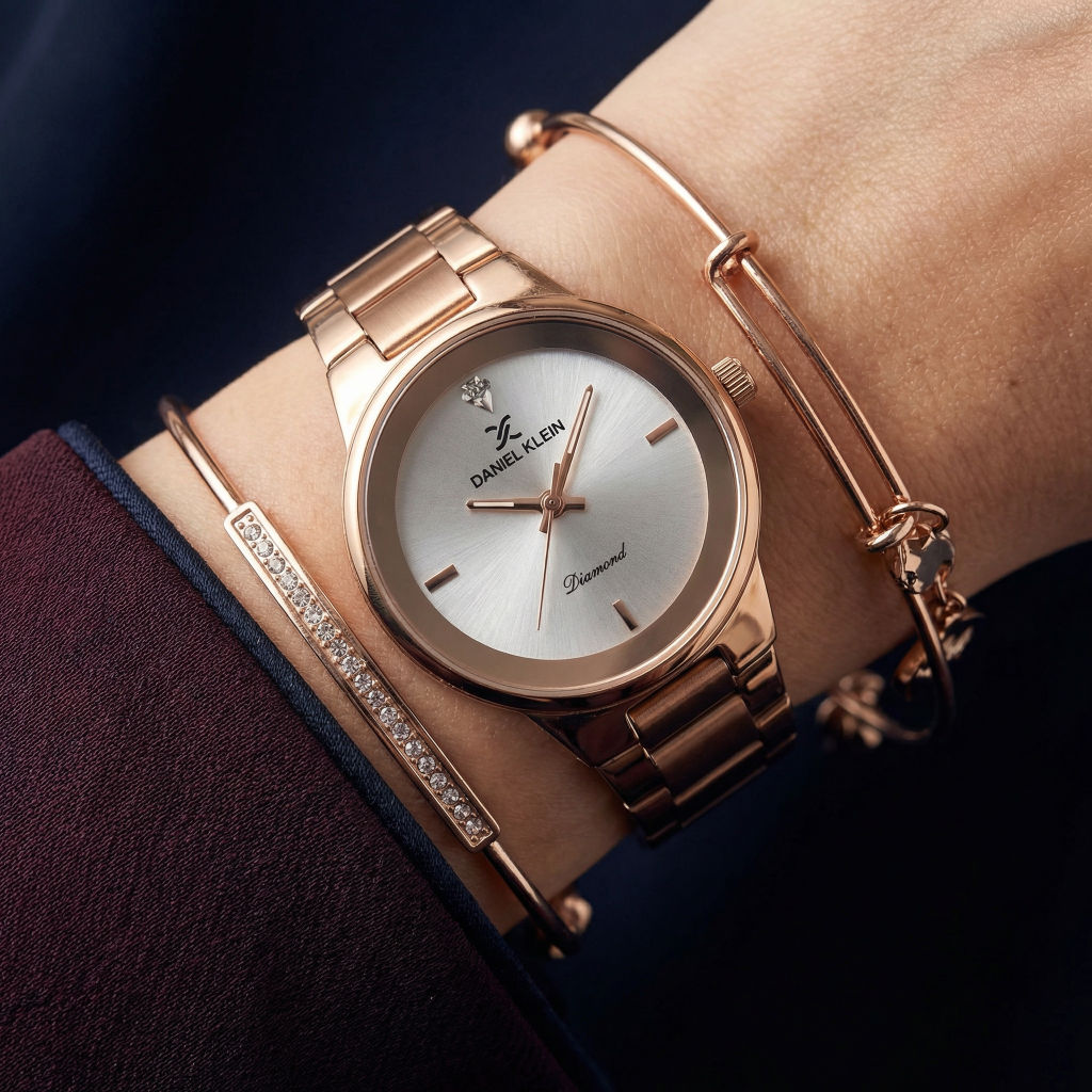 Daniel Klein Diamond Rose Gold Stainless Sunray Dial Steel Watch for Women, DK.1.14136-5