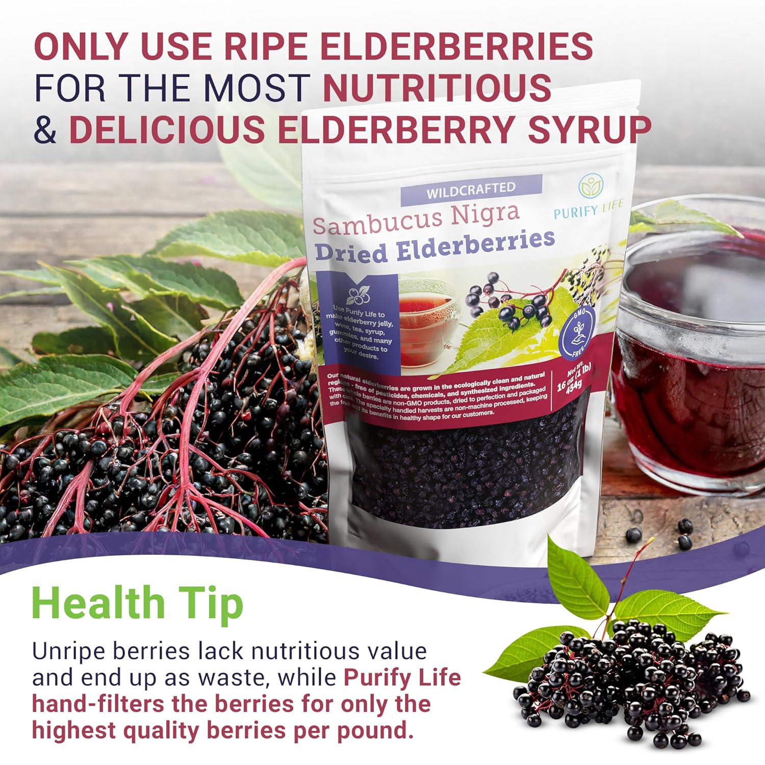 Purify Life Sambucus Nigra Elderberry Dried Bag 16 oz 454g