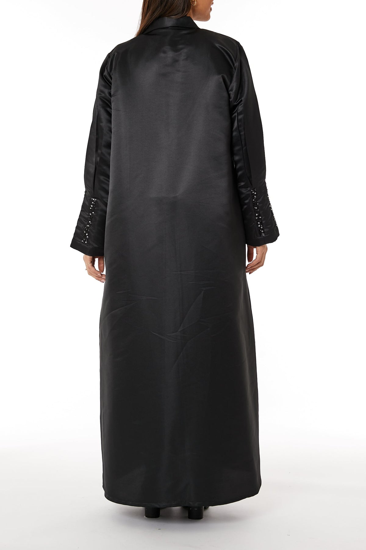MOiSTREET Black Bridal Satin Abaya with Lapel Collar