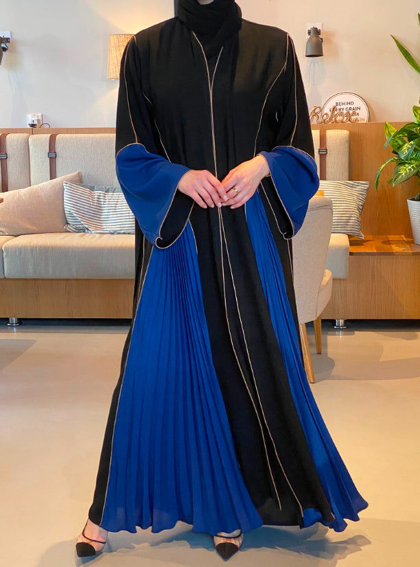 MOiSTREET Black & Blue Nida Abaya with Piping Detailing
