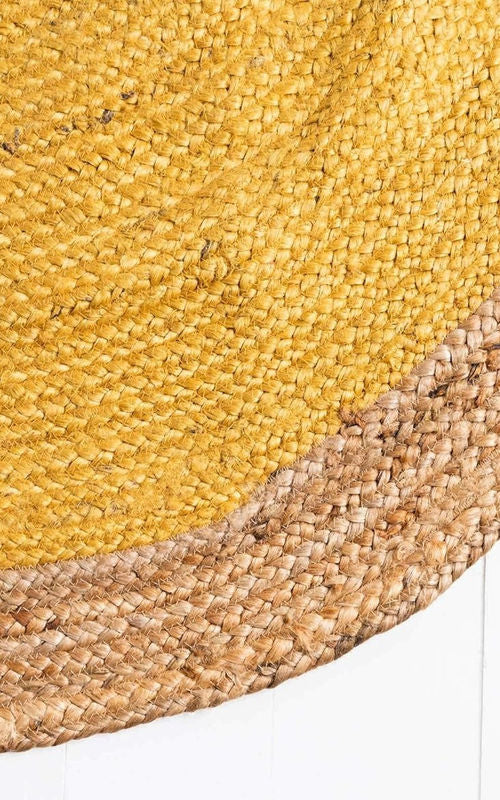 Handmade Round Yellow & Natural Jute Rug – Inner Yellow with Natural Border | Eco-Friendly Area Rug