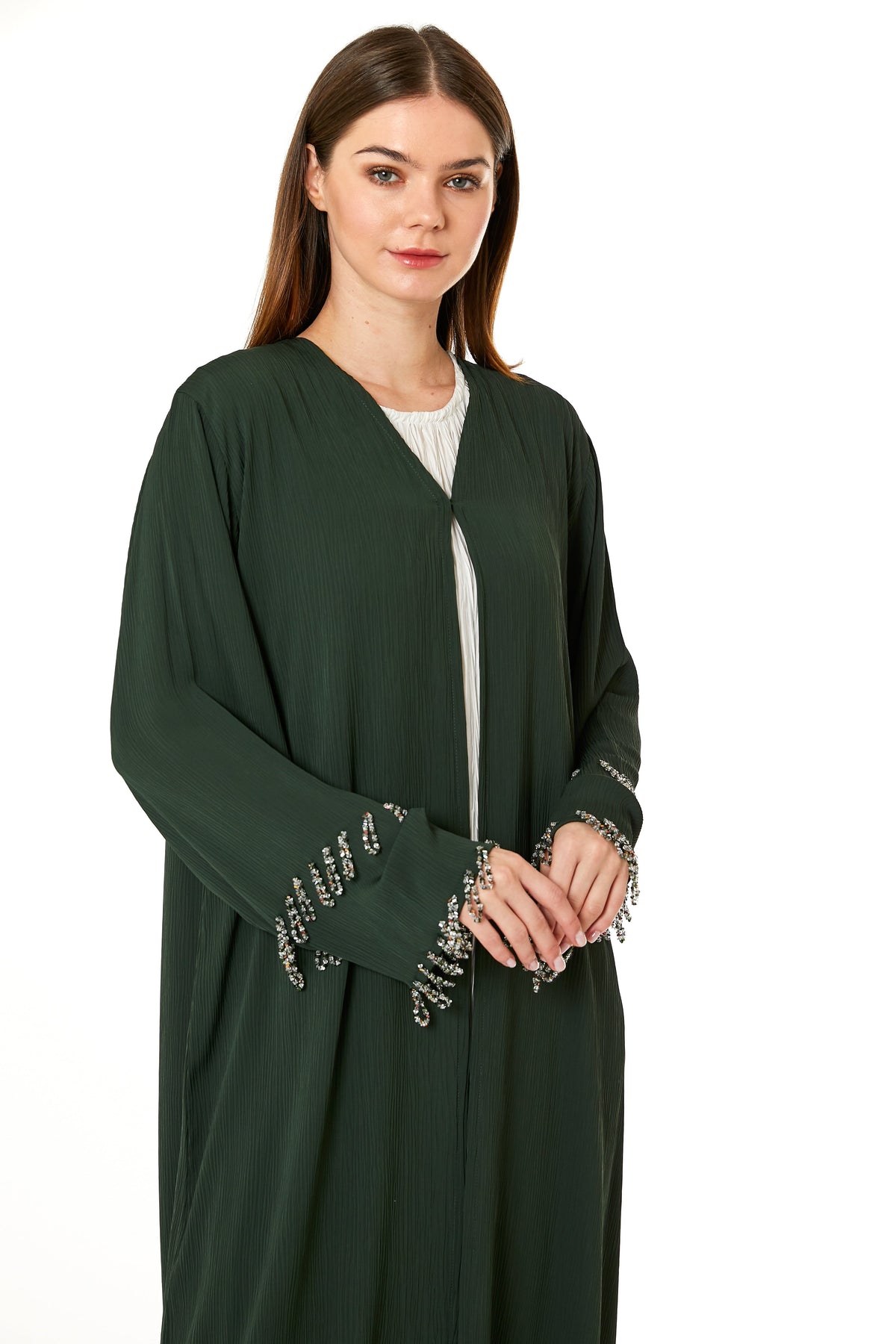MOiSTREET Dark Green Zoom Hand Embellished Abaya
