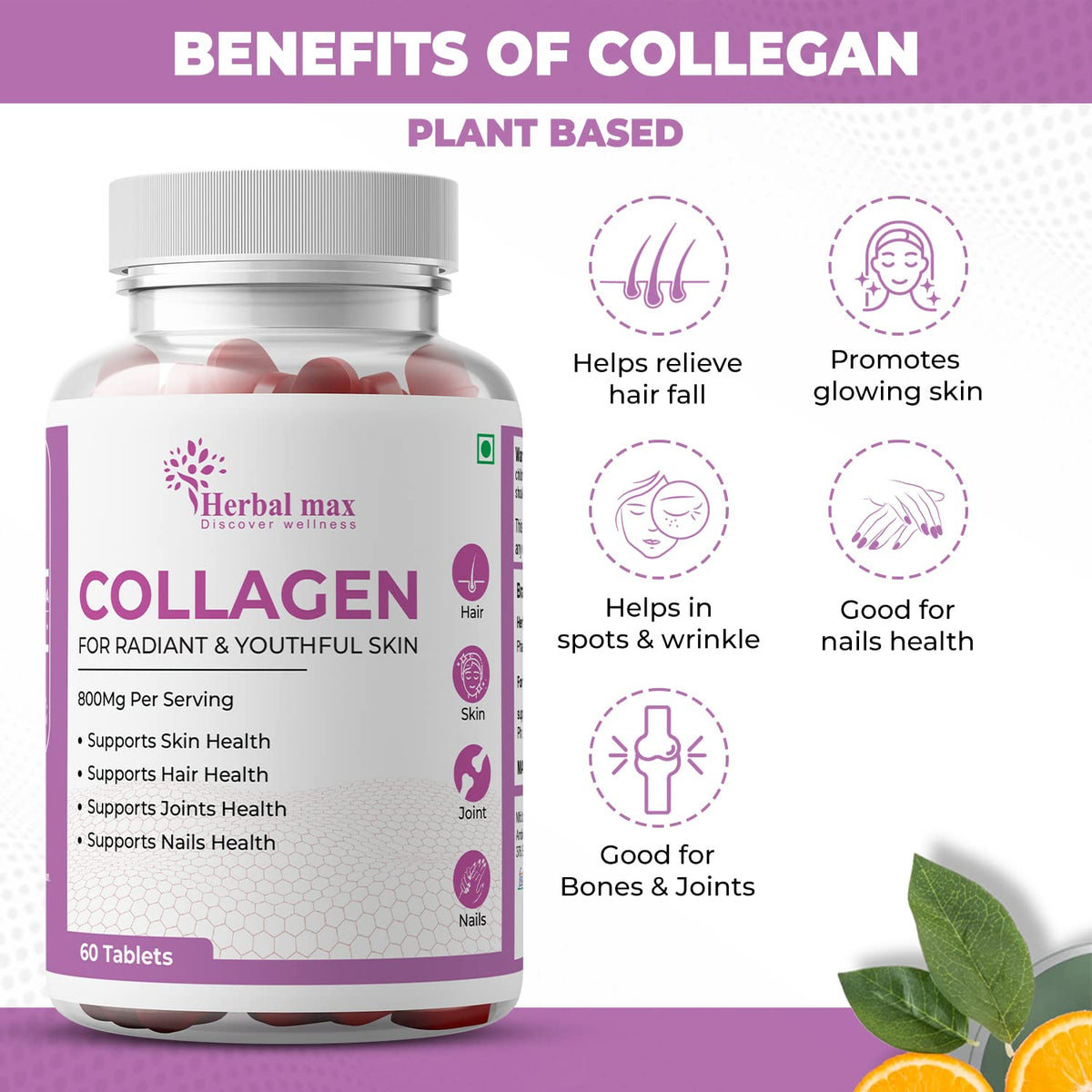 Herbal max Collagen to Boost Skin Repair & Regeneration for Youthful & Radiant Skin - 300 Tablets 800Mg, Pack of 5
