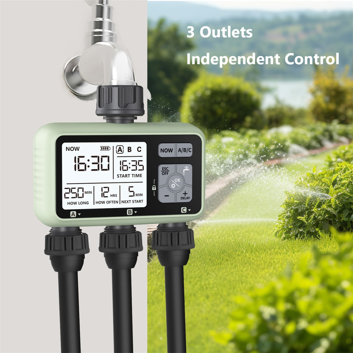 Digital Watering Timer, Battery-operated Programmable Garden Irrigation Timer with 3/4" Inlets Outlets for Garden Hose and Lawns