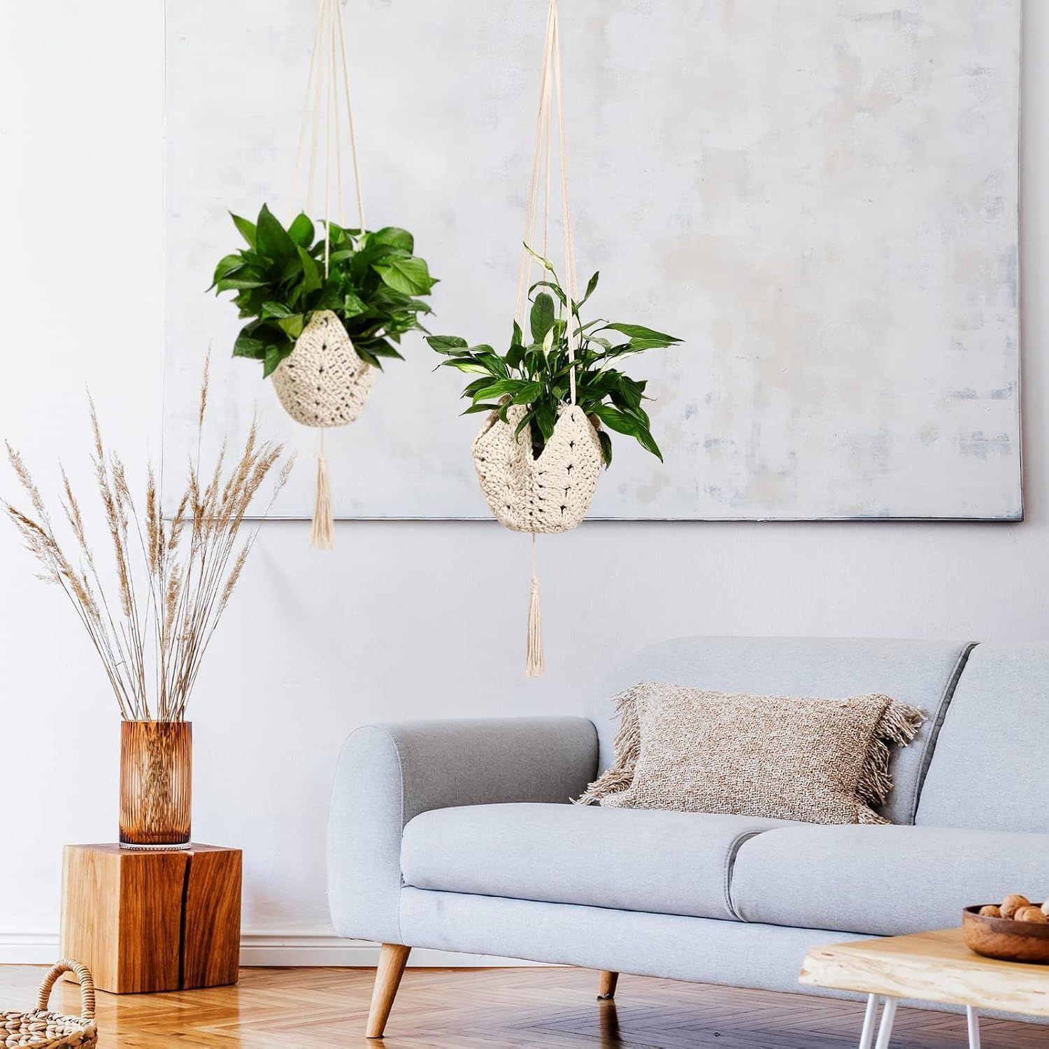Macrame Plant Hangers Set of 2, Handwoven Cotton and Jute with Tassels, Indoor Hanging Planters for Home Decor, Storage Baskets