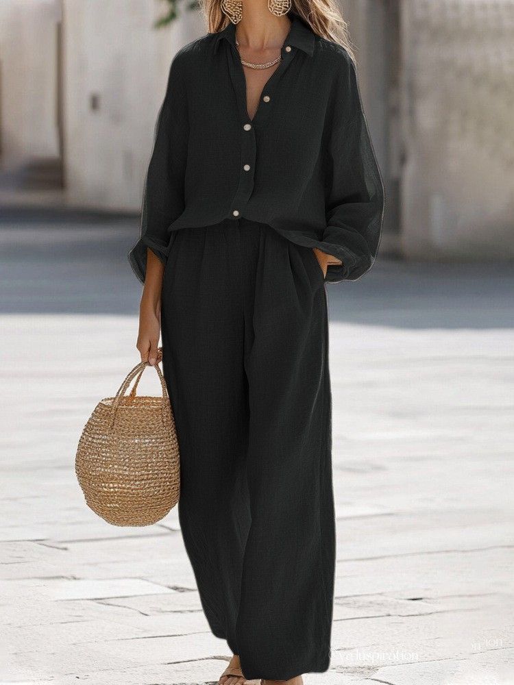 Women's Cotton Casual Lapel Shirt & Long Pants Set