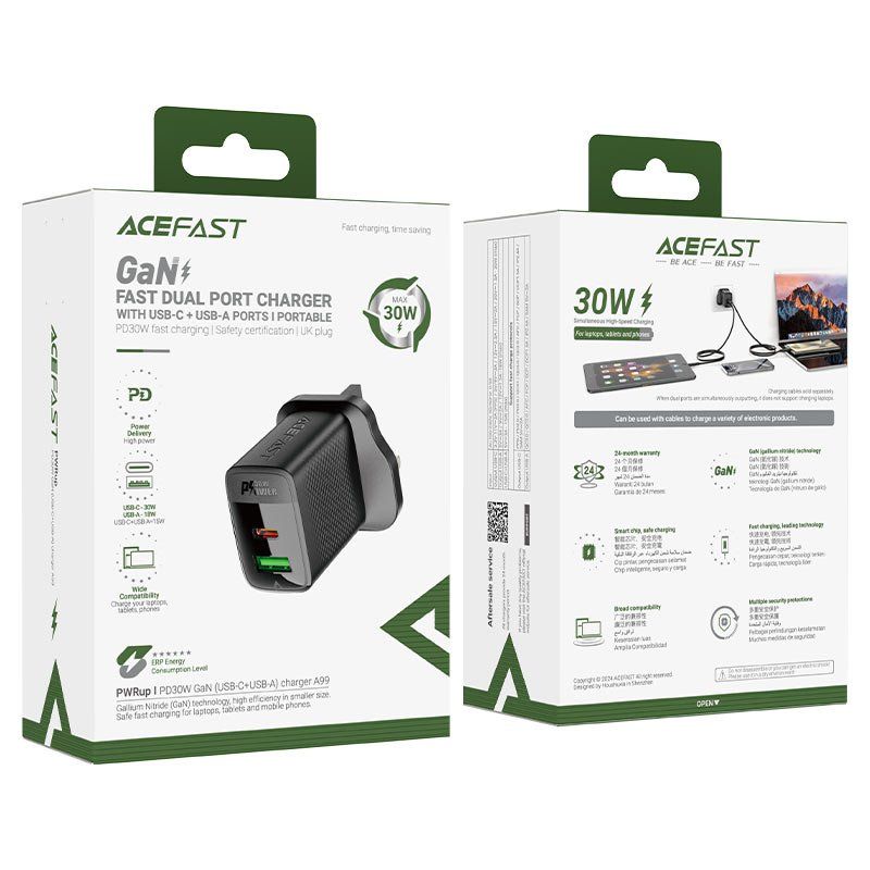 Fast Charge Wall Charger A99 PD30W (1xUSB-C + 1xUSB-A) UK