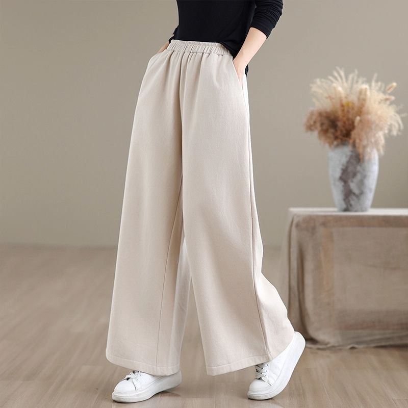 Cotton Linen Wool Wide Leg Loose Fit Warm Pants For Women