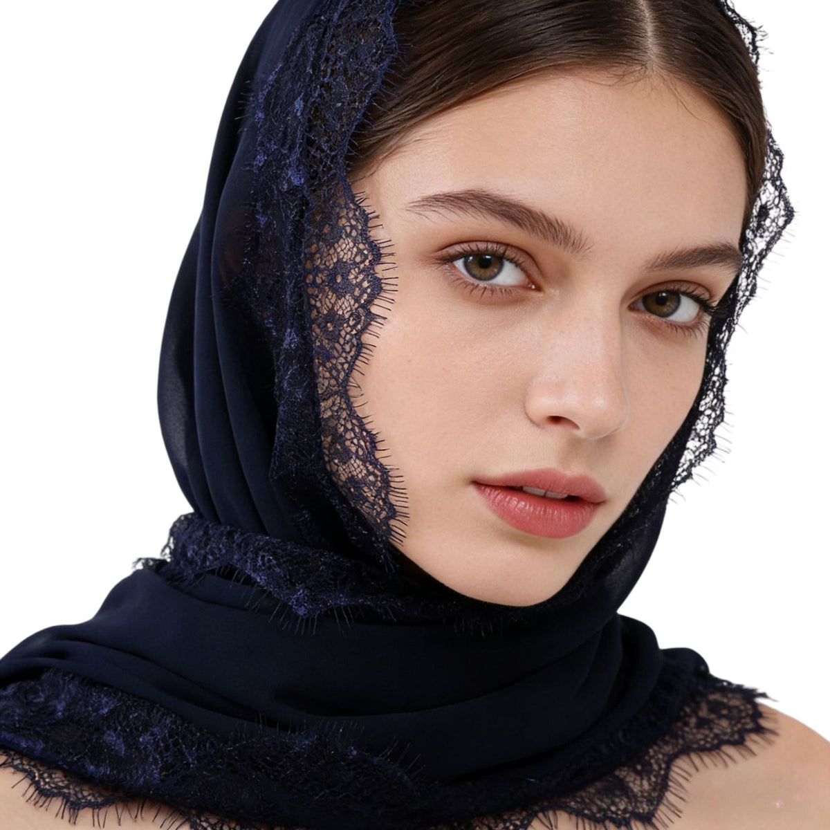 Navy Blue Lace Chiffon Hijab Scarf for Women 175x70cm